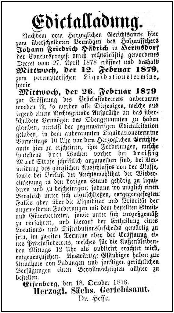 1878-10-18 Hdf Edictalladung Haedrich